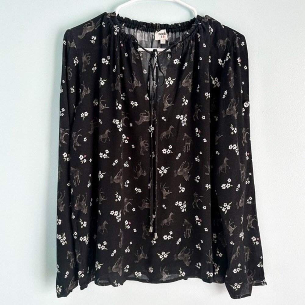 Nach Womens Sz L Horse Novelty Print Hand Drawn Pattern Blouse Top